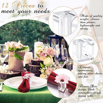 Meanplan 12 Pcs Flower Napkin Rings Clear Acrylic Napkin Holder Rings Bulk Square Flower Bud Vase Combo for Wedding, Birthday Banquet Table Decor, 1.77 x 1.97 Inch