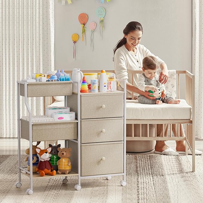 Modanais Baby Organizer and Storage - 3 Tier Rolling Cart with Dividers and Drawers, Easy To Assemble, Mobile Utility Cart with Wheels for Nursery, Bedroom, Changing Table & Crib,Off White