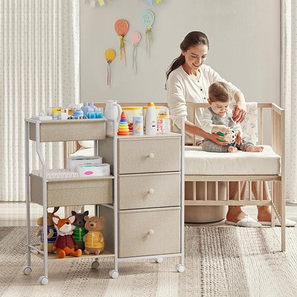 Modanais Baby Organizer and Storage - 3 Tier Rolling Cart with Dividers and Drawers, Easy To Assemble, Mobile Utility Cart with Wheels for Nursery, Bedroom, Changing Table & Crib,Off White