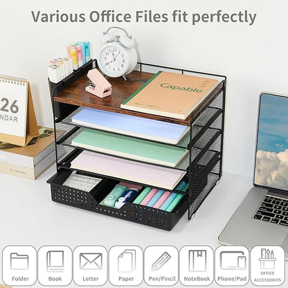 Wood Desk Organizer and Accessories, 5-Tier Paper Letter Tray Organizer with Drawer & 2 Pen Holders for Desktop File Organization, Office Desk Accessories for Supplies Storage (Wood)