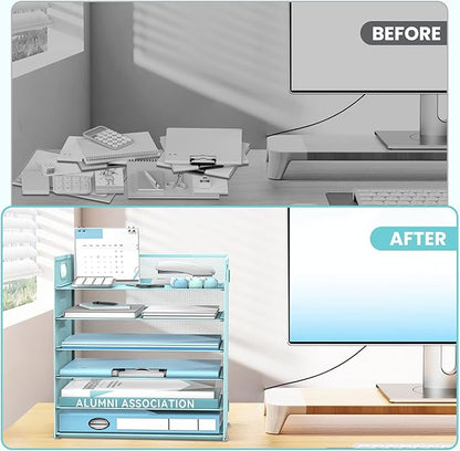 Daltack 6 Tier Paper Organizer for Desk, Paper Letter Tray Organizer for Desks, Mesh Desk File Organizers with Handle for Office, Home, School, Blue