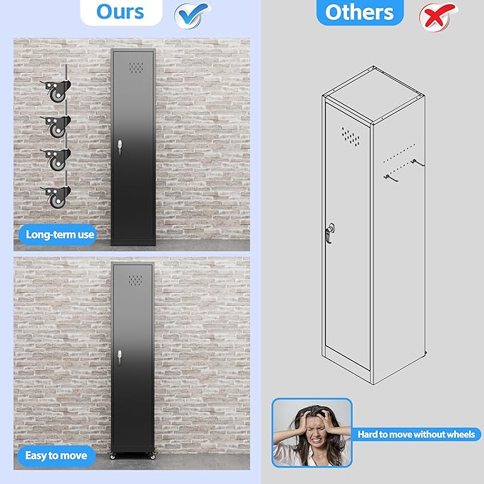 72" H Broom Closet Storage Cabinet, Metal Garage Storage Cabinet with Wheels, Pegboard, Locking Door and Hooks for Garage, Home, Utility Cleaning Cabinet for Broom and Mops, Black