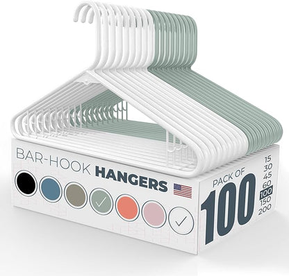 Neaties Plastic Hangers 100 Pack – Made in The USA – 6lb Capacity Standard Clothes Hangers with Strap Hooks for Dresses, Lingerie, Shirts, Pants, and Jackets – White & Mint