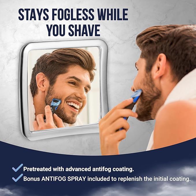 MIRRORVANA Fogless Shower Mirror for Shaving with Upgraded Suction, Anti Fog Shatterproof Surface and 360° Swivel, No Magnification, 6.3" x 6.3" (Chrome)