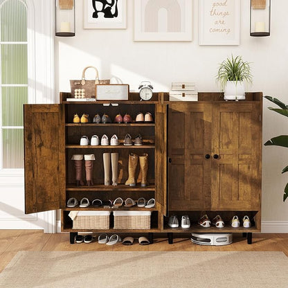Farmhouse Shoe Cabinet with Doors, 6-Tier Wooden Shoe Organizer with Adjustable Shelves, Entryway Storage Cabinet, Rustic Shoe Storage for Entryway or Living Room (Rustic Brwon)