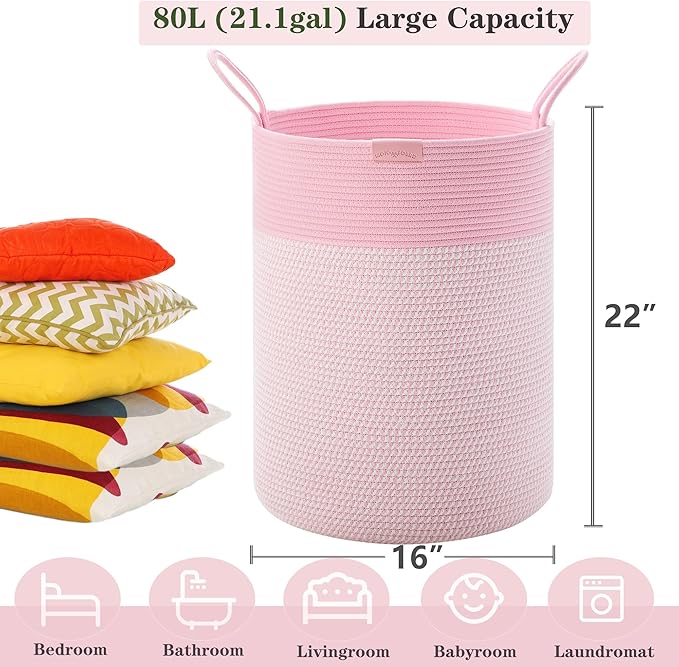80L Extra Large Pink Hamper Tall Laundry Basket for Girls Kids Nursery Hamper for Baby Woven Cotton Rope Laundry Basket for Little Girls Room Bedroom 16x22 Inches