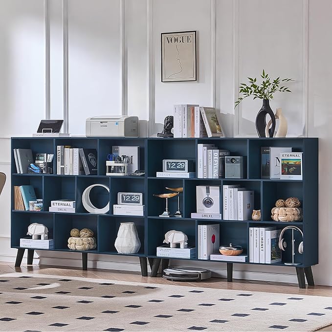 LEYAOYAO 10 Cube Bookshelf, 3 Tier Vintage 55" Wide Bookcase with Legs, Mid-Century Wood Bookshelves Storage, Dark Blue Large Book Case, Freestanding Organizer Display Shelf for Living Room, Office