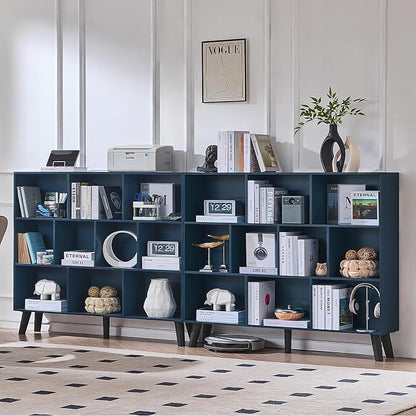 LEYAOYAO 10 Cube Bookshelf, 3 Tier Vintage 55" Wide Bookcase with Legs, Mid-Century Wood Bookshelves Storage, Dark Blue Large Book Case, Freestanding Organizer Display Shelf for Living Room, Office