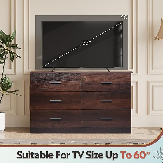 WLIVE Wooden Dresser for Bedroom, Wide Chest of Drawers with 6 Drawers, Large Brown Storage Tower Unit, Modern Minimalist Closet Store Organizer for Living Room, Hallway
