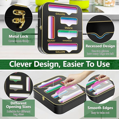 Metal Bag Storage Organizer Kitchen Drawer, Non-Marking Installation of Sandwich Bag Organizer, 5 in 1 Baggie Organizer for Drawer for Gallon, Quart, Snack(Black)