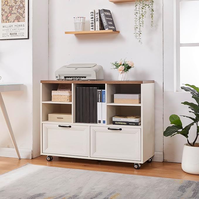 40" Farmhouse File Cabinet,Lateral File Cabinet with Wheels,Wood File Cabinet with shelve,Filing Cabinet with 2 Drawers for Legal/Letter/ A4 Size (White)
