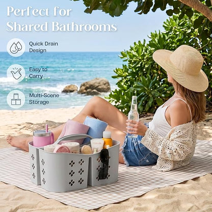 Portable Shower Caddy with Handle, Large Capacity Shower Basket Organizer, Quick-Drain Bathroom Storage Tote, Durable Plastic Shower Organizer for College Dorm, Beach, Gym, Travel Essentials, Grey