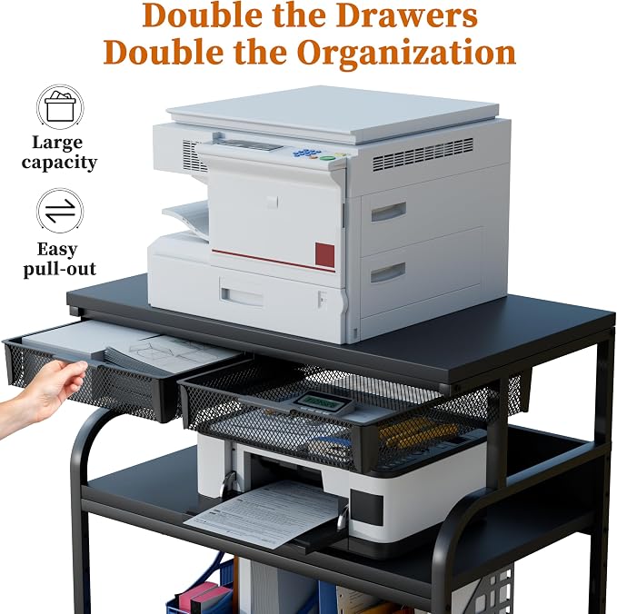 EasyCom 32.3"x18.9" Extra Large Printer Stand with Double Drawers, 5-Adjustable Heights 3 Tier Table with Wheels, Rolling Printer Cart with Storage for Printer Scanner Fax Home Office Use