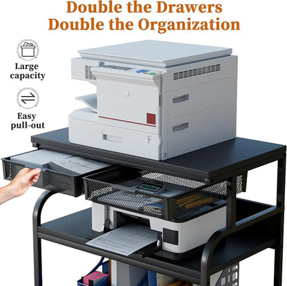 EasyCom 32.3"x18.9" Extra Large Printer Stand with Double Drawers, 5-Adjustable Heights 3 Tier Table with Wheels, Rolling Printer Cart with Storage for Printer Scanner Fax Home Office Use