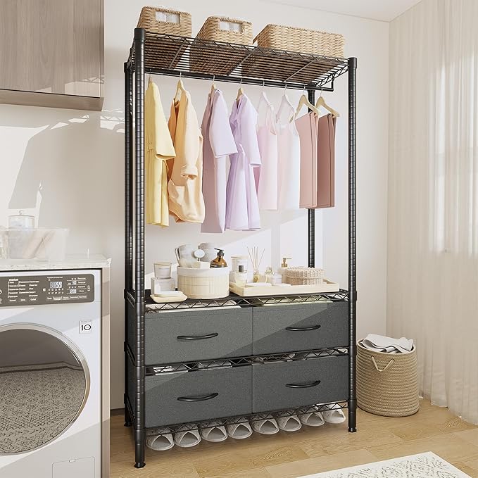 Heavy Duty Clothes Rack With 4 Fabric Drawers and Adjustable Shelves, Freestanding Clothing Rack with Hanging Rod for Hanging Clothes, 71.5" H x 35.2" W x 15.4" D