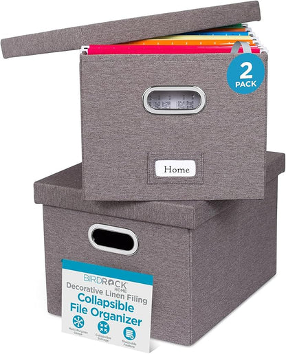 Internet's Best Collapsible File Storage Organizer with Lid - Decorative Linen Filing & Storage Office Box – Hanging Letter/Legal Folder – Home Office Bins Cabinet – Grey Container - 2 Pack