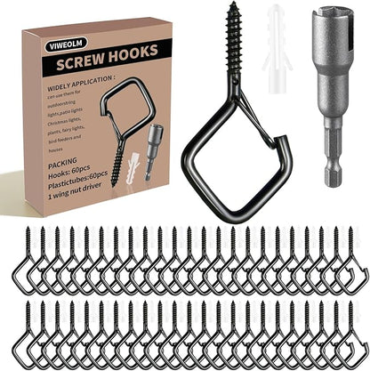 60 Pcs Black Eye Hooks Screw Heavy Duty,Ceiling Hooks for Hanging Plants,String Lights,Cup,Wind Chime,Bird Feeders. Plant Hanger Indoor&Outdoor