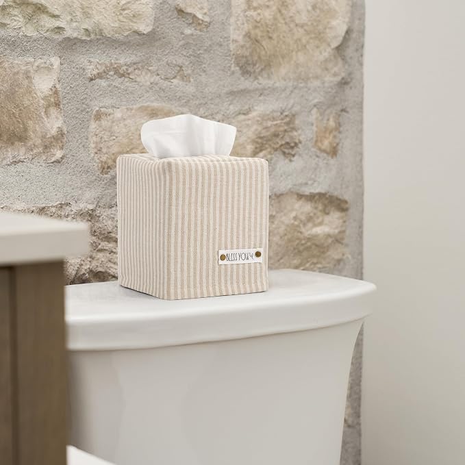 Stylish Tissue Box Cover - This Beige Striped Linen Holder Instantly Covers Your Square Tissue Boxes - The Perfect Cube Cover for Your Bathroom and Home