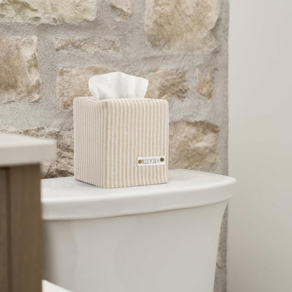 Stylish Tissue Box Cover - This Beige Striped Linen Holder Instantly Covers Your Square Tissue Boxes - The Perfect Cube Cover for Your Bathroom and Home