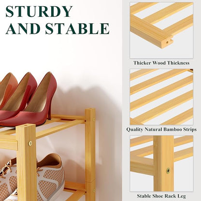 Smiry Small Bamboo Shoe Rack, 3 Tier Free Standing Wooden Shoe Organizer, Stackable Wood Shoe Storage Shelf for Closet, Entryway, 12 Vertical Slats, 2+1 Stack Standard Legs, 17.3"x11"x19.5", Natural