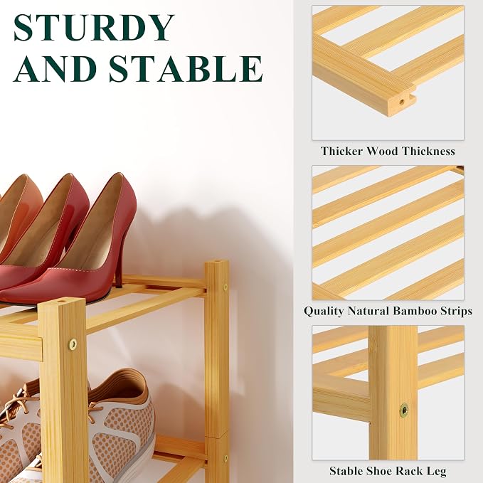 Smiry Small Bamboo Shoe Rack, 5 Tier Free Standing Wooden Shoe Organizer, Stackable Wood Shoe Storage Shelf for Closet, Entryway, 12 Vertical Slats, 2+2+1 Stack Standard Legs, 17.3"x11"x32.5", Natural