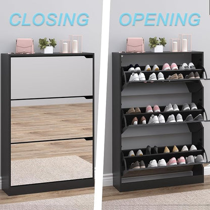 BORNOON Shoe Cabinet with 3-Flip Mirror Drawers, Freestanding Shoe Rack Organizer with Hidden Handle, Slim Narrow Shoe Storage Cabinet for Entryway, Entrance, Hallway, Bedroom