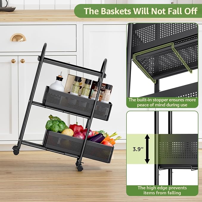 KINGRACK 3-Tier Slim Kitchen Storage Cart, Metal Utility Cart with Drawer, Rolling Trolley with Lockable Wheels, Easy Assembly Narrow Space Shelving for Kitchen Bathroom Laundry Room, Black