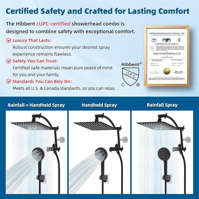 Hibbent All Metal cUPC Certified Shower Head, 10'' High Pressure Rain Shower Head, Handheld Showerhead Combo with 16'' Adjustable Extension Arm, 10 Sprays, 71'' Hose, Showerhead Holder, Matte Black