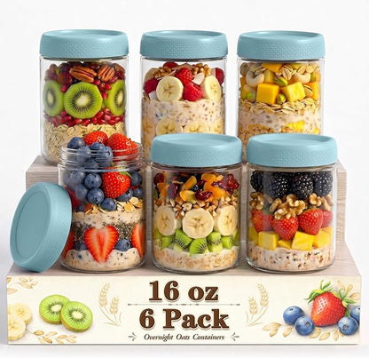 16 oz Mason Jars, 6 Pack Overnight Oats Containers with Lids for Yogurt, Parfait Cup With Lids for Breakfast, Clear Glass Jars Round for Storage, Sugar, Prep Meal, Food, Pudding, Home, Blue
