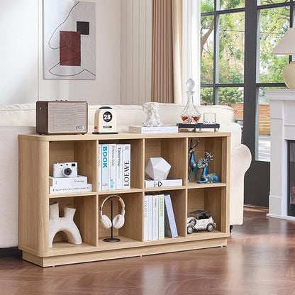 8 Cube Storage Book Shelf, 52" Long Horizontal Bookshelf with Curved Edge, Floor Standing Wooden Cubby Bookcase with Base, Modern Low Console Book Case, TV Stand for Living Room, Natural Oak