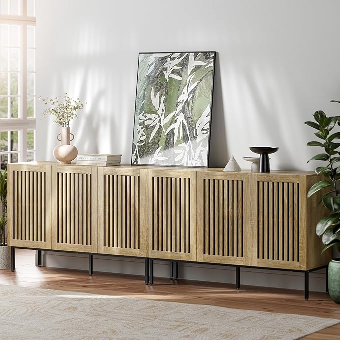 Buffet Cabinet with Storage,Set of 2 Farmhouse Console Table with Metal Base and Adjustable Shelves,Sideboard Coffee Bar Cabinet with 6 Doors for Kitchen,Dining Room,Living Room,Oak