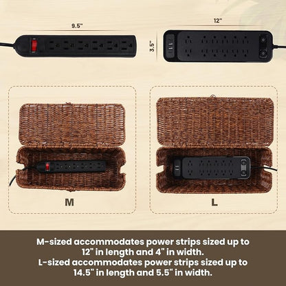 BROWNLILY Rattan Wire Storage Box, Handmade Cord Organizer for Desk Cord Hider Outlet Covers for Power Strip TV PC Router Charger Under Desk Cable Management Box