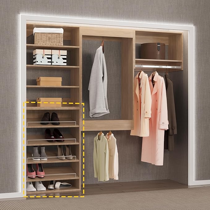Shoe Shelf Short Tower Closet Unit, Modular Closet System, Wood Closet System Organizer with Storage for Walk In Closets, Clothing Rack for Hanging Clothes, Bedroom, Wood, 19.5"W