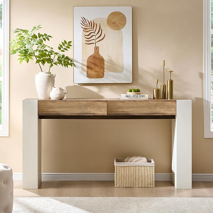 OKD Modern Entryway Console Table, Sofa Table with Drawers, 63" Long Hall Table Behind Couch, Thick Wood Design for Living Room, Hallway - Antique White
