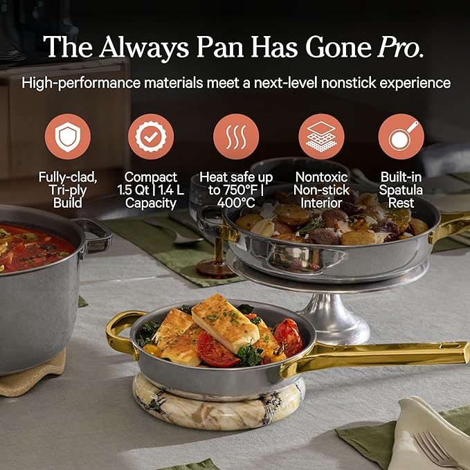 Our Place Mini Titanium Always Pan Pro | 8.5" PFAS-Free Nonstick Frying Pan with Spatula | Chef-Grade Tri-Ply Stainless Steel & Aluminum Build | Induction & Oven-Safe up to 750°F | Gold