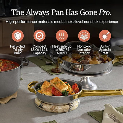 Our Place Mini Titanium Always Pan Pro | 8.5" PFAS-Free Nonstick Frying Pan with Spatula | Chef-Grade Tri-Ply Stainless Steel & Aluminum Build | Induction & Oven-Safe up to 750°F | Gold