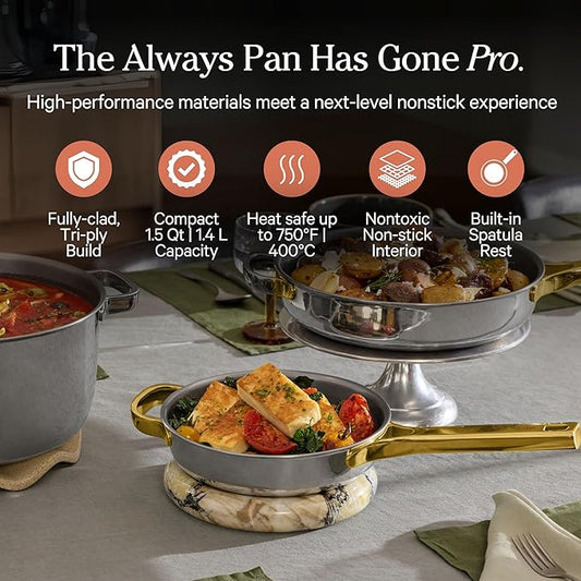 Our Place Titanium Always Pan Pro - 10.6” (2.8 Qt) No-Coating Nonstick Skillet | Tri-Ply Titanium & Stainless Steel | Safe for Oven, Induction & All Cooktops up to 750°F | Includes Spatula | Gold