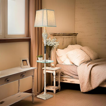 Rustic Floor Lamp, Living Room Lamps with Glass Tray, stepless diming Floor Lamp with Remote Control and USB A&C Charging Ports for Living Room Bedroom Office Smart Bulbs Included