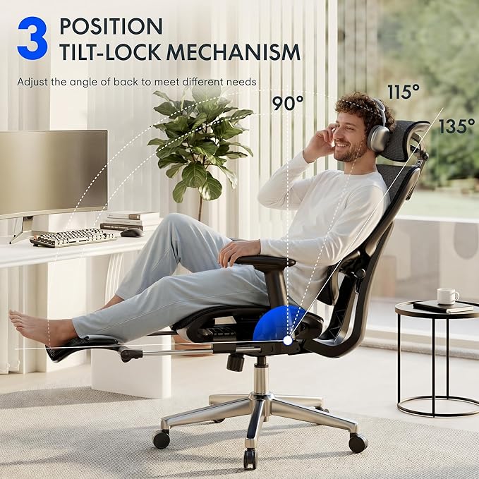 FLEXISPOT ErgoX Premium Ergonomic Office Chair with Footrest- Adjustable 3D Armrests, Dynamic Lumbar Support, Recline & Tilt Function, Mesh Seat, for Home & Office Use,Grey Foam