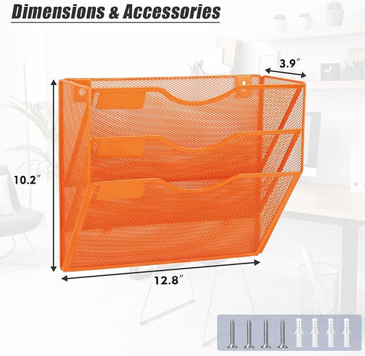 EASEPRES 3 Pocket Mesh Hanging Wall File Organizer, Wall Mounted Mail Paper Document Folder Holder, Clipboard Storage Organization Magazine Rack with Nametag Label for Office Home School, Orange