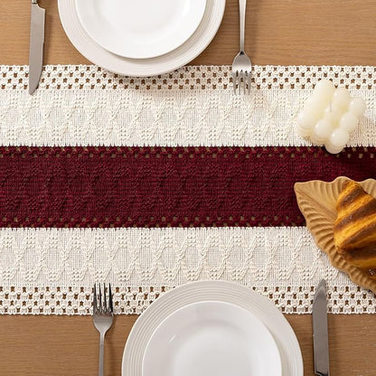 Socomi Boho Table Runner Macrame Long Valentine's Day Farmhouse Woven Cotton Linen Rustic Coffee Table Runner with Tassels for Dresser Scarf Home Decor Dining Room 12x108 in Burgundy Ivory