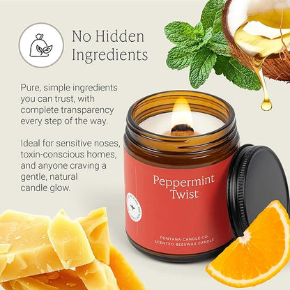 Fontana Candle Co Wood Wick Beeswax Jar Candles, Peppermint Twist Holiday Candle - Made with Coconut Oil & Pure Essential Oils – Clean Burn, Long Lasting and Non-Toxic Candles for Home & Room Decor