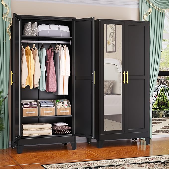 Metal Wardrobe Cabinet with Mirror and Hanging Rod, 71" Metal Clothing Storage Cabinets with 2 Doors and Adjustable Shelves, Black Armoire Wardrobe Closet for Bedroom, Laundry Room, Cloak Room