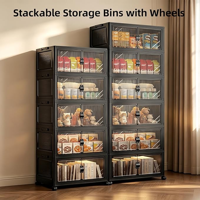 6-Tier Foldable Storage Cabinet with Wheels & Lid, 291QT Extra Large Stackable Organizer, No Tool Required, Storage Cabinet for Garage, Home Office, Pantry, Kitchen, Dorm