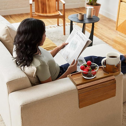 Couch Cup Holder Tray, 15.75" Acacia Wood Couch Armrest Table, 3 in 1 Foldable Sofa Clip on Side Table with 360° Phone Stand, Armrest Tray for Coffee Snacks