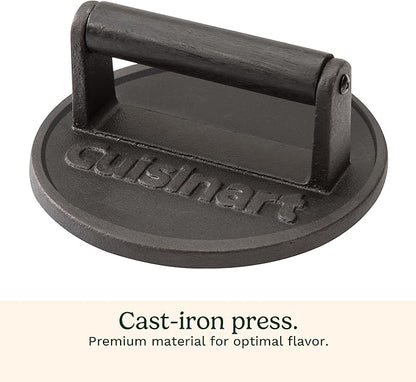 Cuisinart 6.5" Cast Iron Smashed Burger Press, Round Flat Edge Grill Press for Crispy Smash Burgers, Burger Tool for Grill and Griddle Accessories, for BBQs and Tailgates