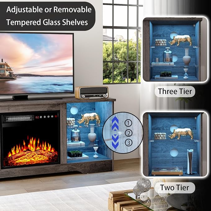 PRETZI Fireplace TV Stand with 18" Fireplace Up to 65" TVs, 58" Entertainment Center with LED Lights, TV Media Console with Adjustable Glass Shelves and Storage Cabinets for Living Room, Grey
