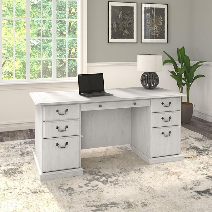 Bush Furniture Saratoga Executive Desk with Drawers, Linen White Oak