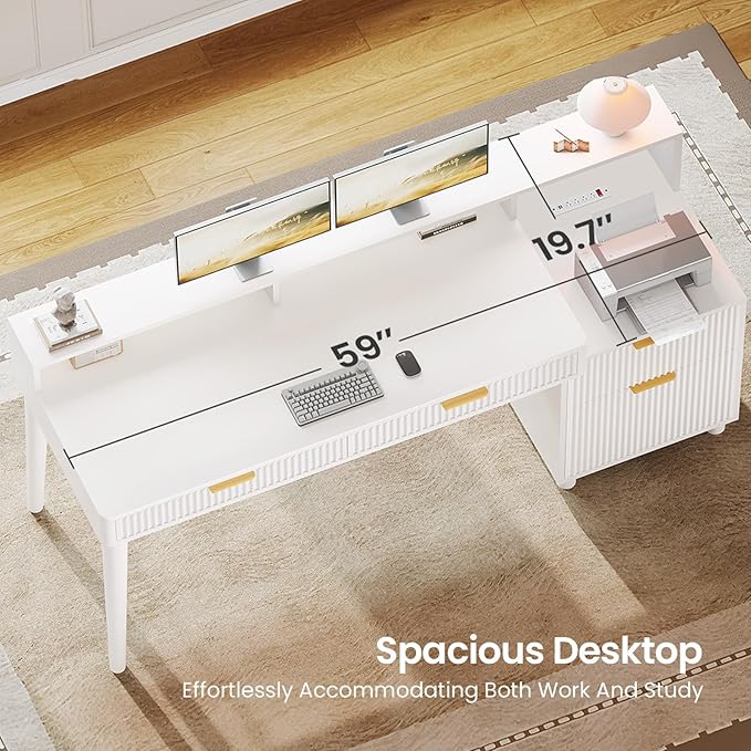 SEDETA Office Desk with 4 Storage Drawers, 59" Fluted Wood Gaming Computer Desk with LED Lights and Power Strip, Modern Writing Desk Study Table for Home Office, Living Room, Bedroom, White