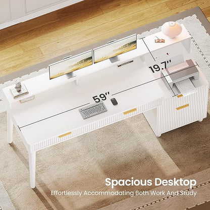 SEDETA Office Desk with 4 Storage Drawers, 59" Fluted Wood Gaming Computer Desk with LED Lights and Power Strip, Modern Writing Desk Study Table for Home Office, Living Room, Bedroom, White